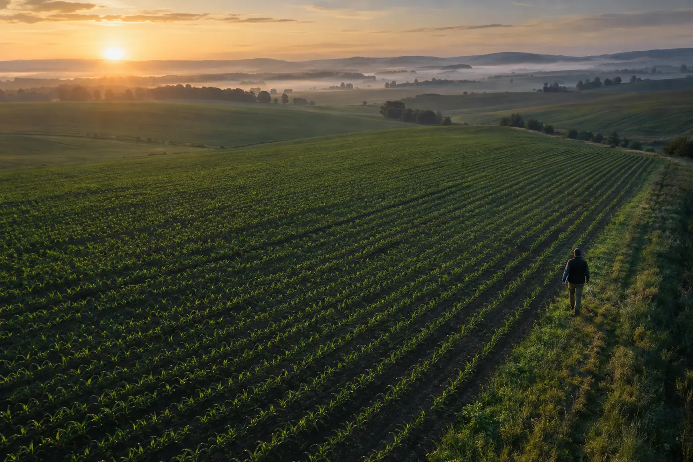 Aerial view of farmland at golden hour